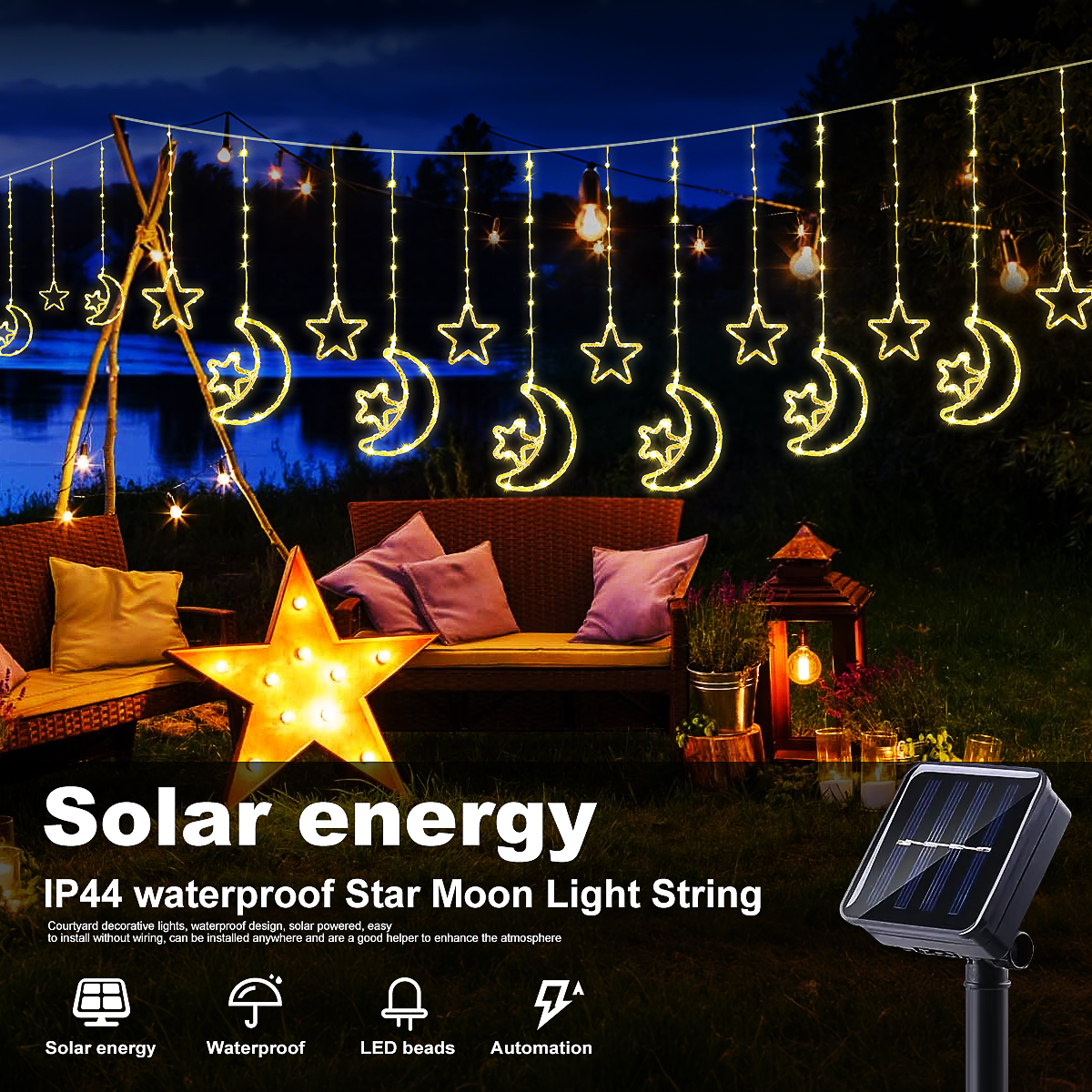 Solar Moon Star LED Decor Light, Outdoor Waterproof Curtain Lights, 8 Modes String Light for Ramadan Hanging Decor