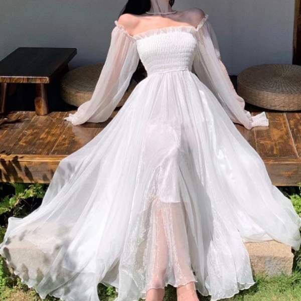 Horetong Elegant Maxi Dresses For Women White Off Shoulder Puff Long Sleeve Elastic High Waist Party Gown Ruffle Holiday Dress