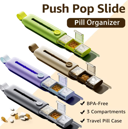 Push Pop Travel Pill Organizer 3 Compartment BPA Free Case