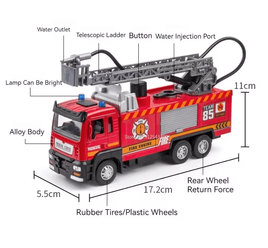 Interactive 1 to 32 Scale Water Spray Fire Truck Toy with Lights Sound and Pull Back