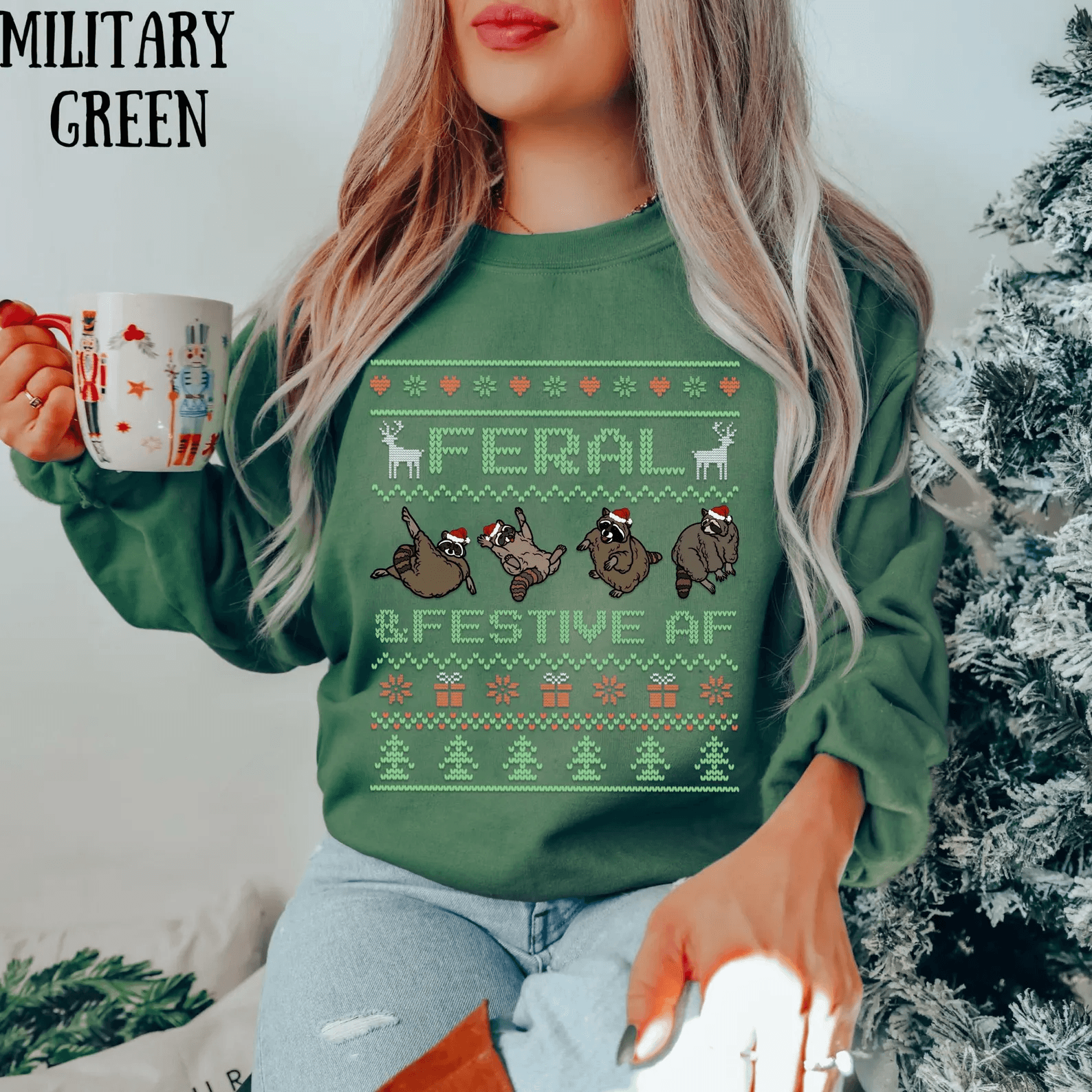 Funny Christmas Raccoon Sweatshirt Cute Ugly Christmas Sweater Festive Holiday Shirt