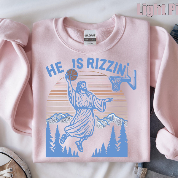 He Is Rizzin Basketball Sweatshirt – Funny Jesus Meme Streetwear Crewneck, Viral Faith Basketball Graphic Pullover