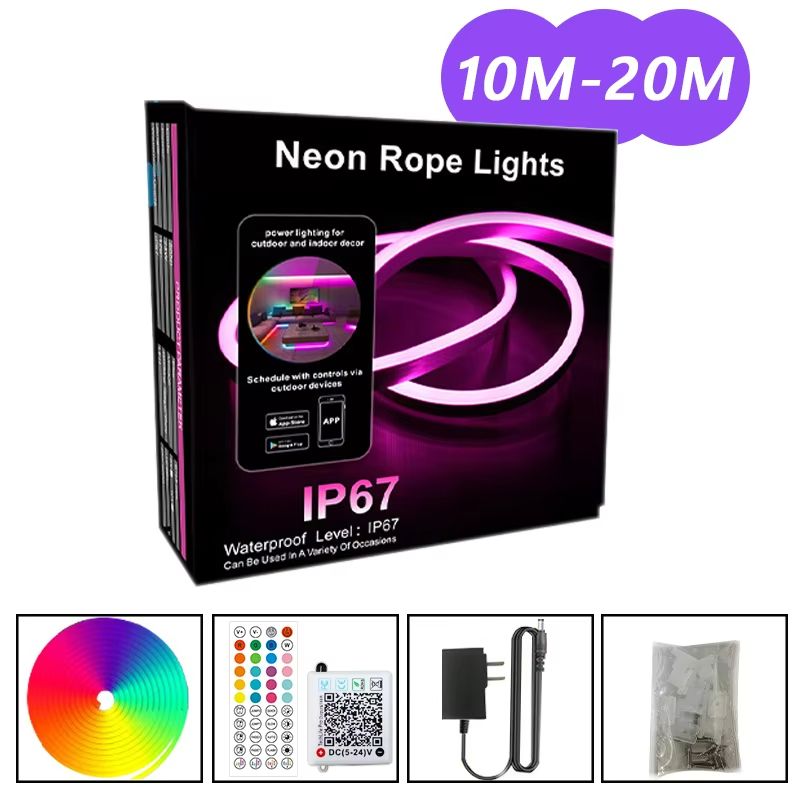 VividGlow 24V RGB Neon LED Strip Light with Bluetooth Music Sync – 5m to 30m