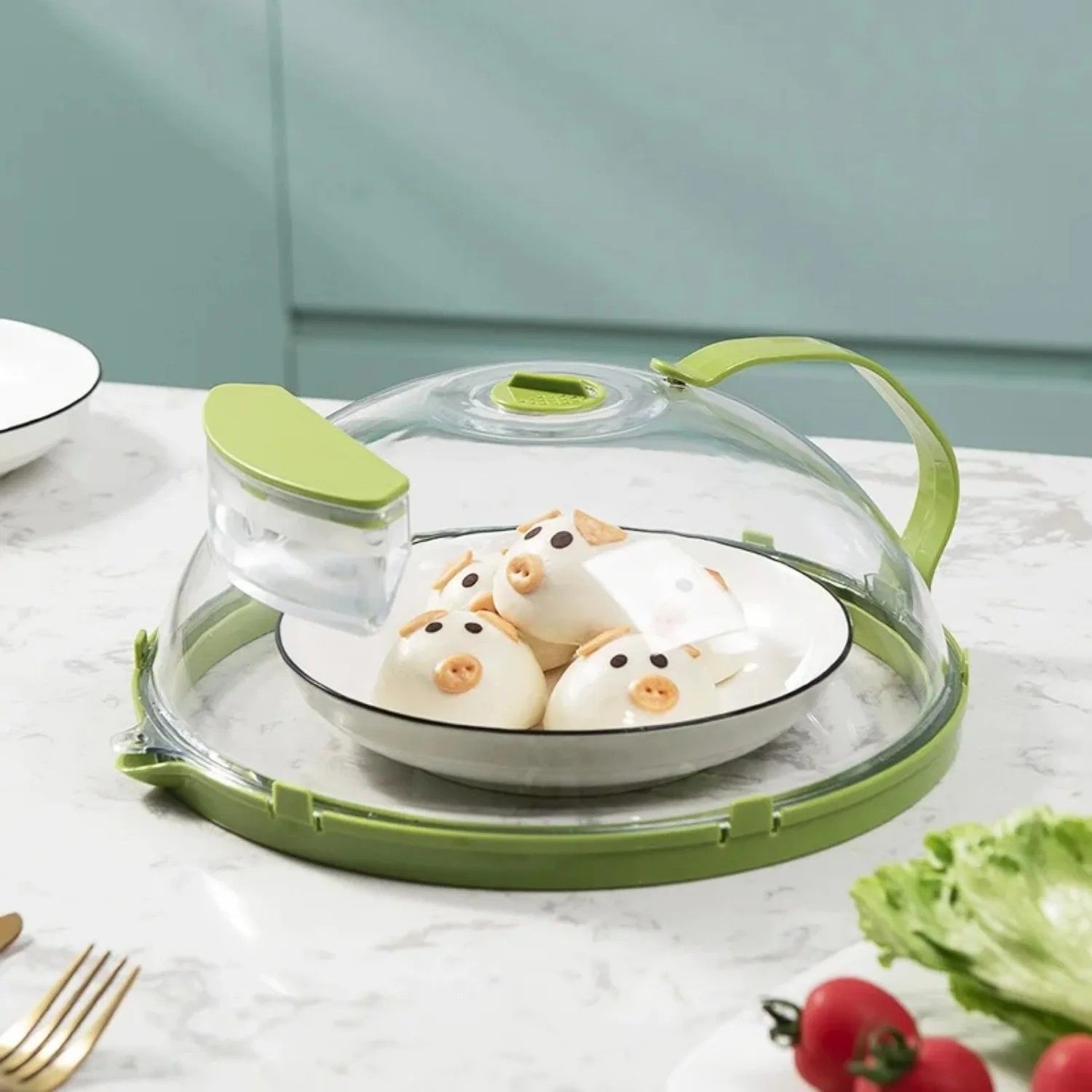 MoistGuard Clear Microwave Splatter Cover with Built-in Water Steamer & Handle – Clear Plate Shield