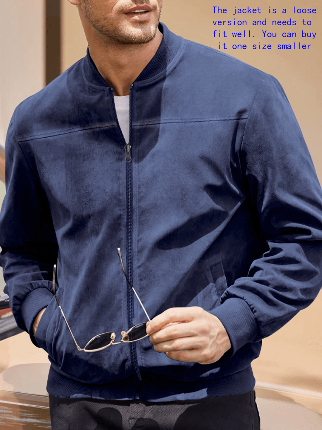 Mens Suede Bomber Jacket Casual Lightweight Zipper Sport Style