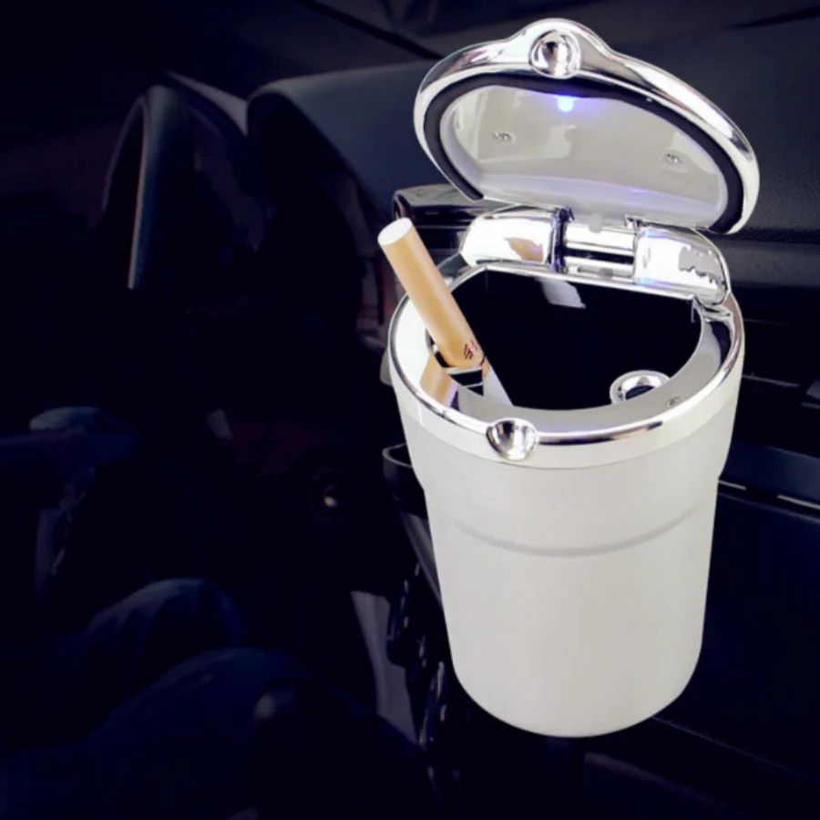 LED Car Ashtray With Lid Portable Cup Holder Trash Bin
