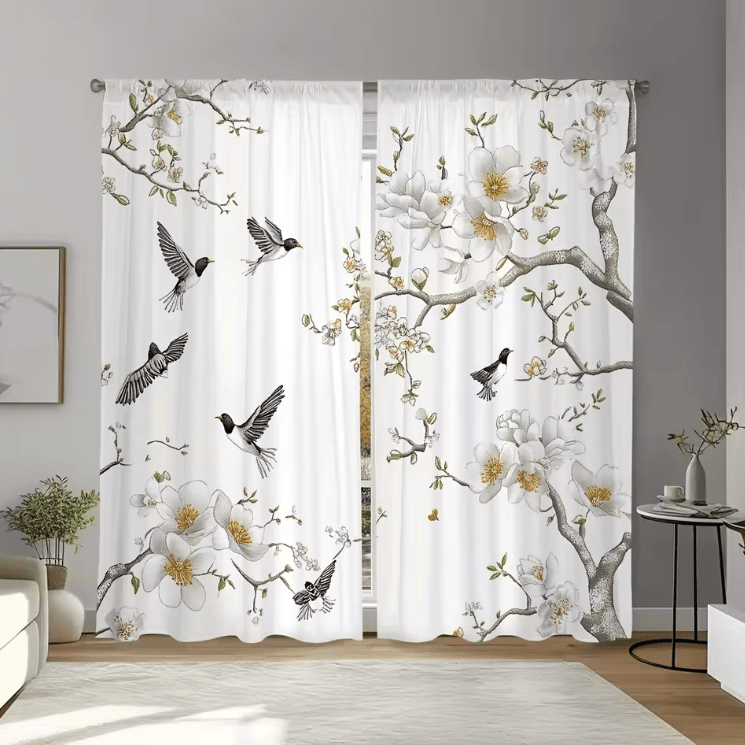 Elegant Floral & Bird Print Curtain Set – Soft Polyester Aesthetic Window Panels