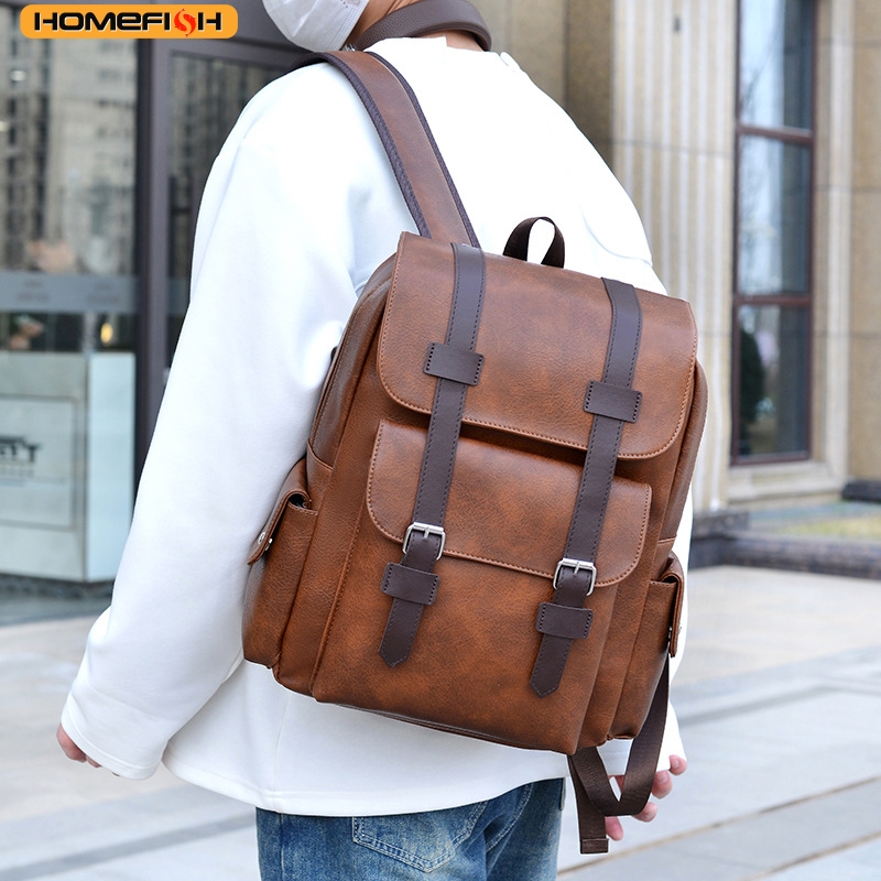 PU Leather Laptop Backpack Large Capacity Travel School Bag