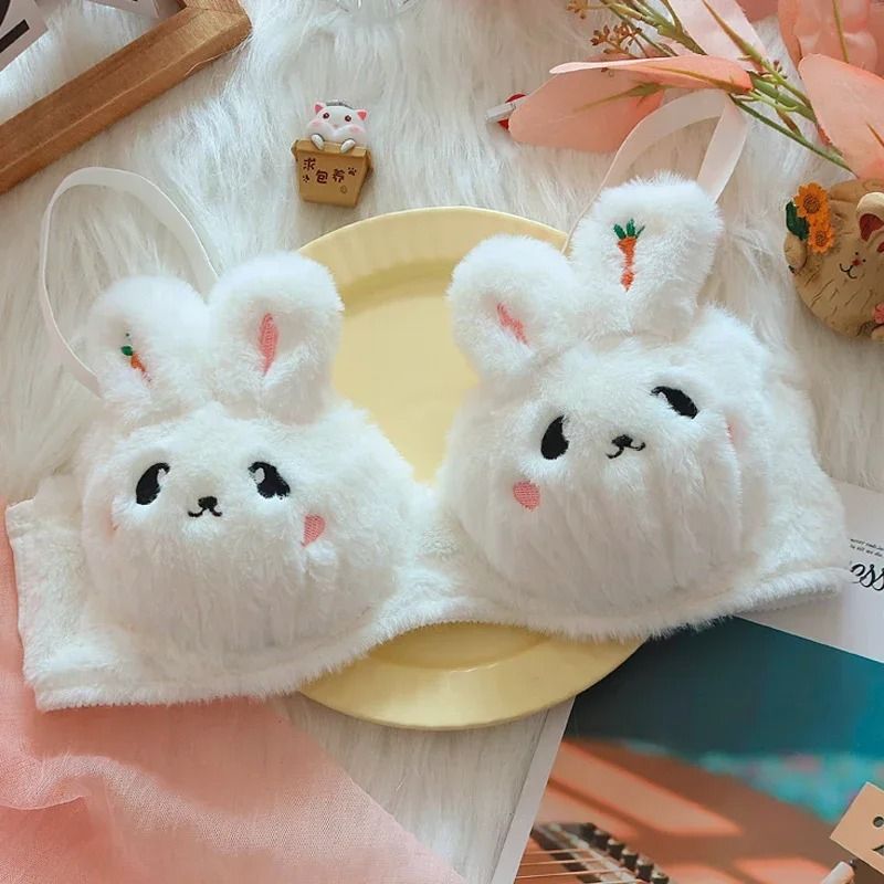 Cute Japanese Style Plush Winter Bra with Rabbit and Bear