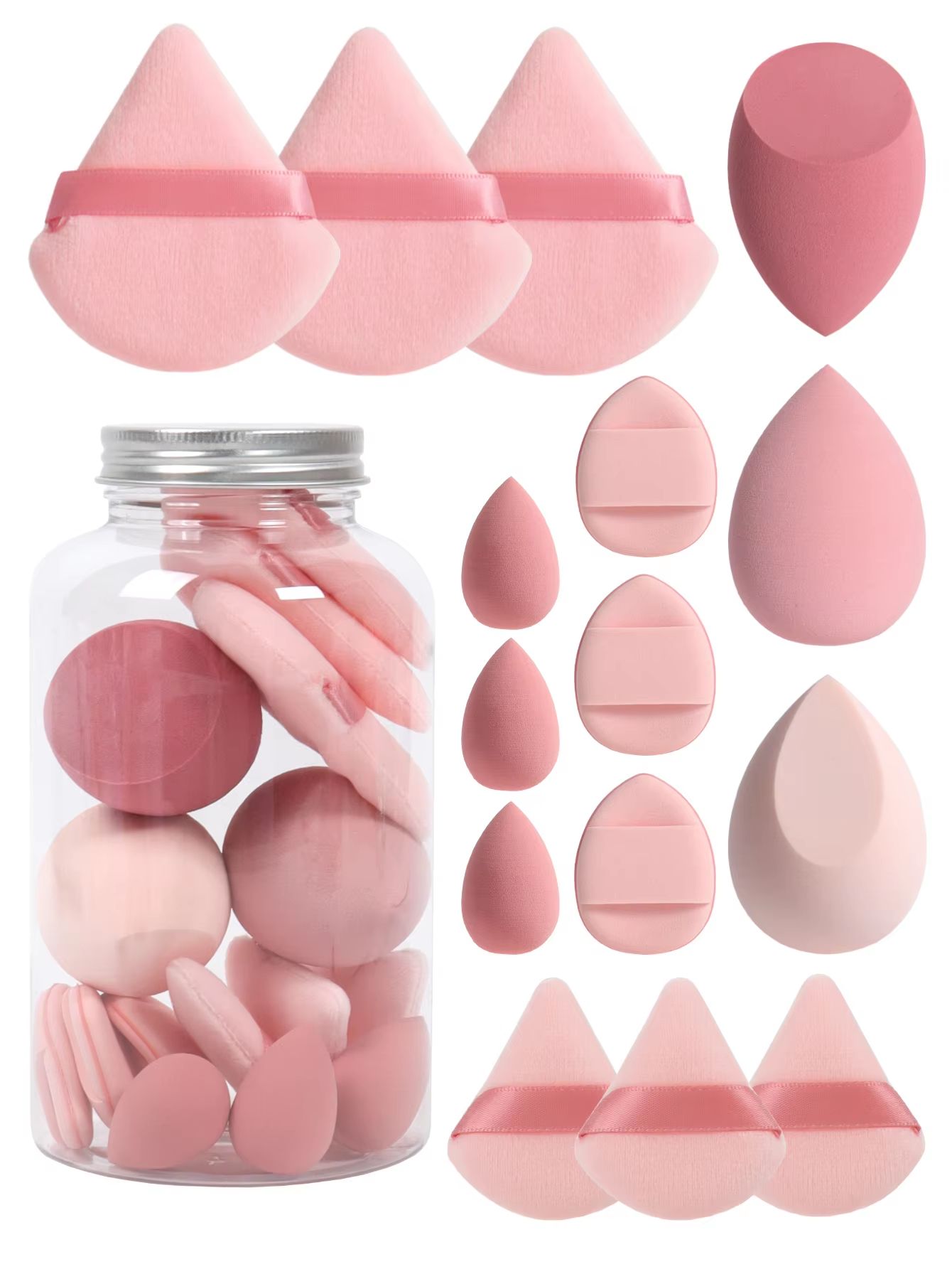 15 Piece Makeup Puff Set with Loose Powder Puffs, Mini Makeup Sponges, and Air Cushion Puffs in Travel Cans