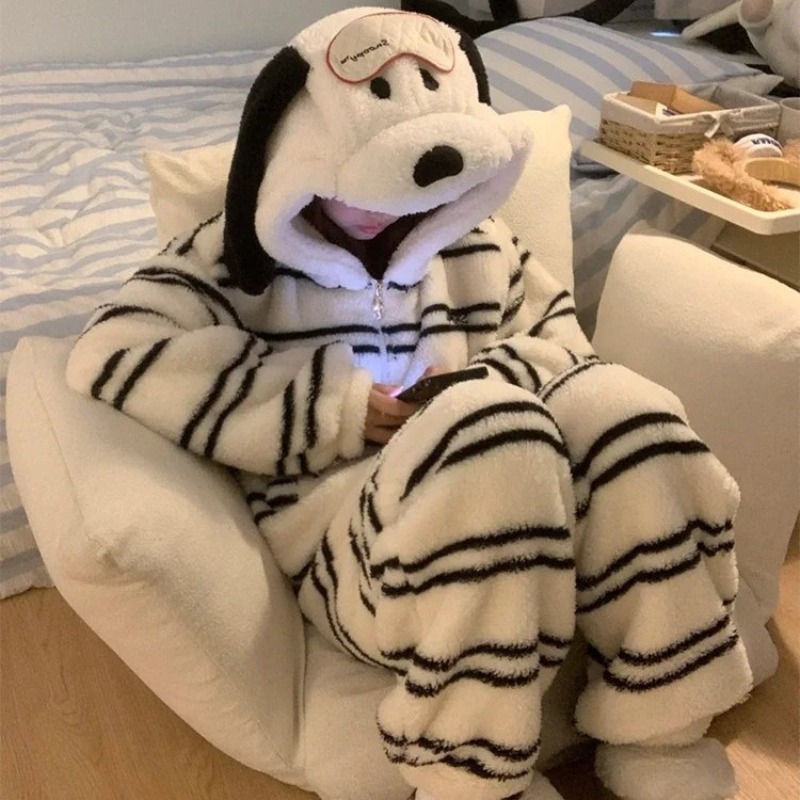 Womens Winter Cute Girl Cartoon Puppy Hooded Coral Fleece Pajamas Set Thickened Loungewear Pajamas