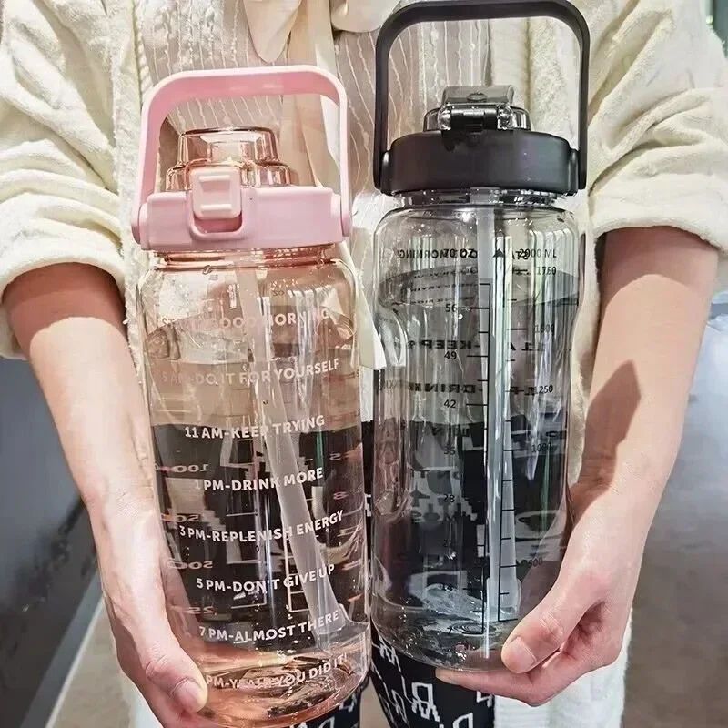2L Portable Water Bottle With Time Marker and Straw - Outdoor Sports & Fitness Hydration