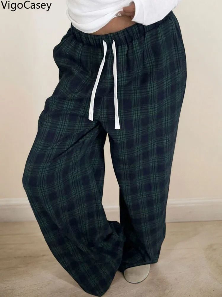 VigoCasey 2025 Women Plaid Print Casual High Waist Wide Leg Pants Green Baggy Autumn Winter Trousers