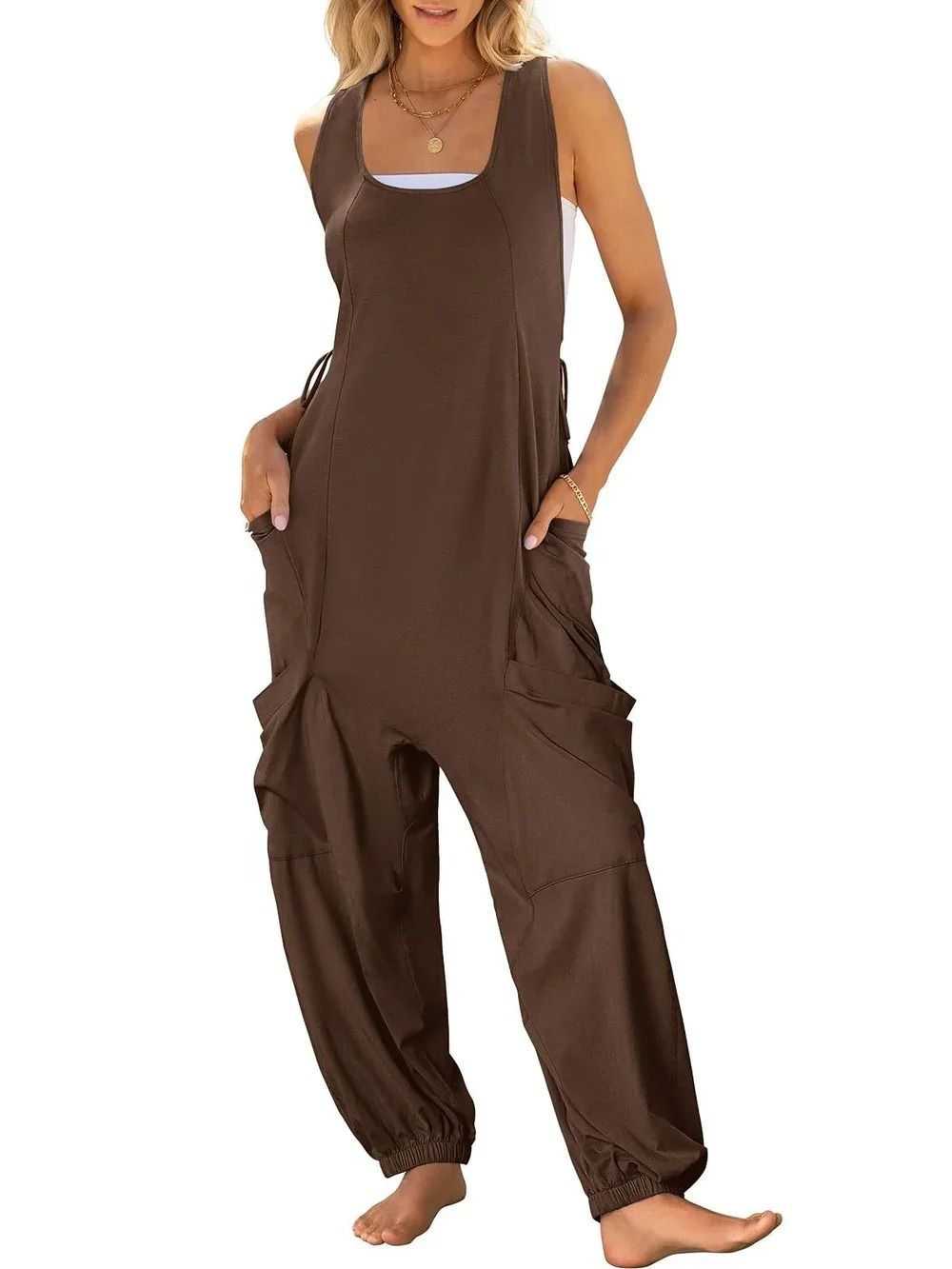 Casual Sleeveless Loose Harem Jumpsuit with Wide Leg Trousers