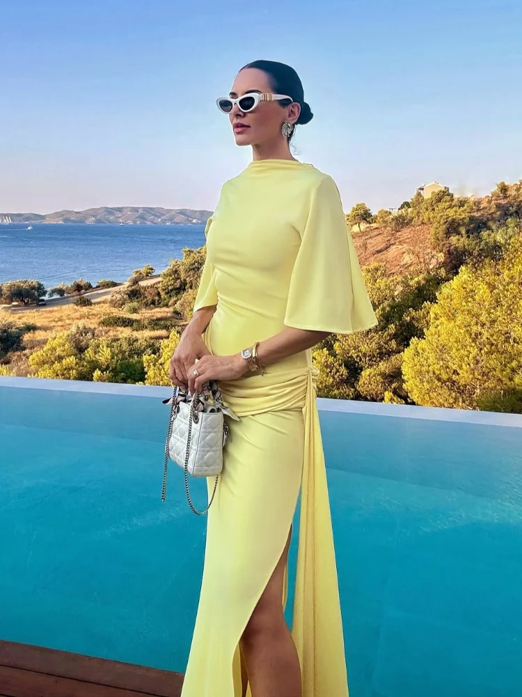 Women's Solid Yellow Backless Maxi Dress, Elegant Split Slim Fit, Pleated Half Sleeve Long Dresses, High Street Summer