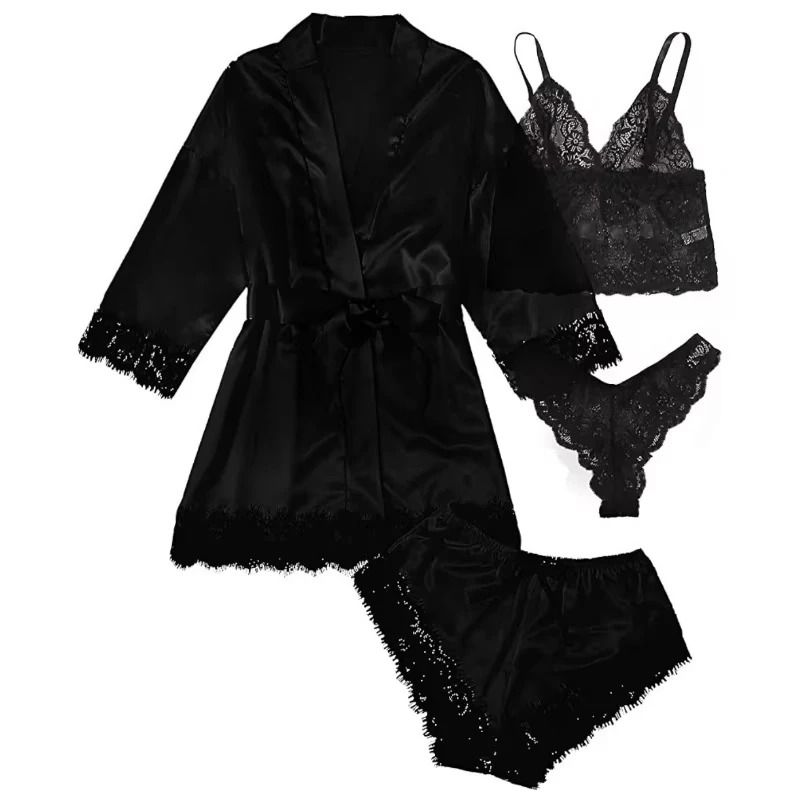 Womens Fashion Print Satin Pajama Set – Sexy Lace Trim Faux Silk Gown & Skin-Friendly Loungewear