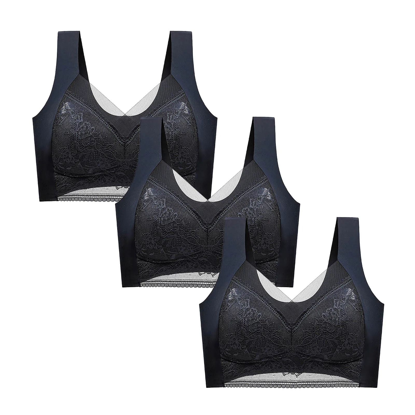 FallSweet 3 Pack Lace Push Up Bra Wireless Deep V Bralette Set L to 5XL