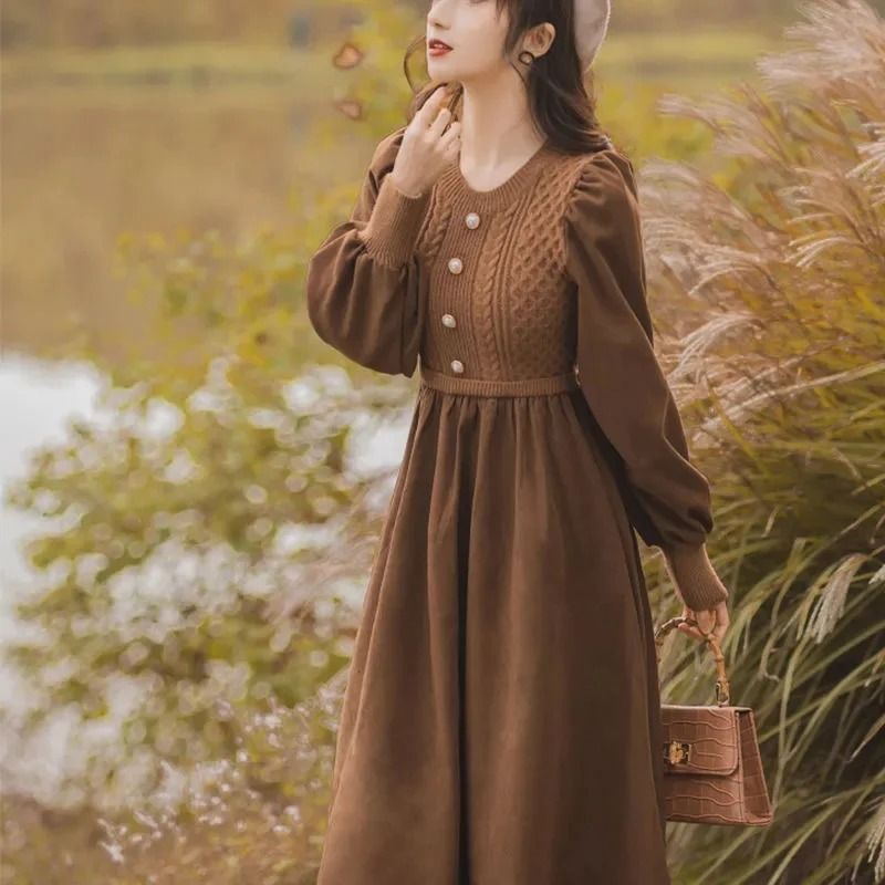 Casual O-Neck Lantern Sleeve Fake Two Piece Knitted Dress Autumn Winter Ladies Long Sweater Dress