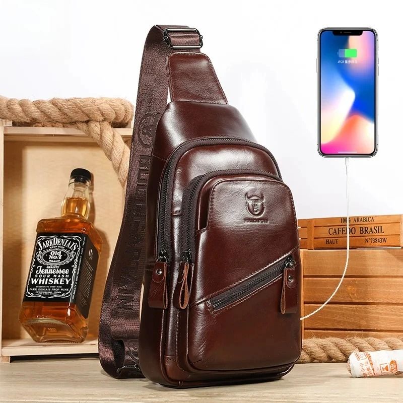 BULLCAPTAIN Mens Leather Chest Bag Large Capacity Casual Crossbody Sling