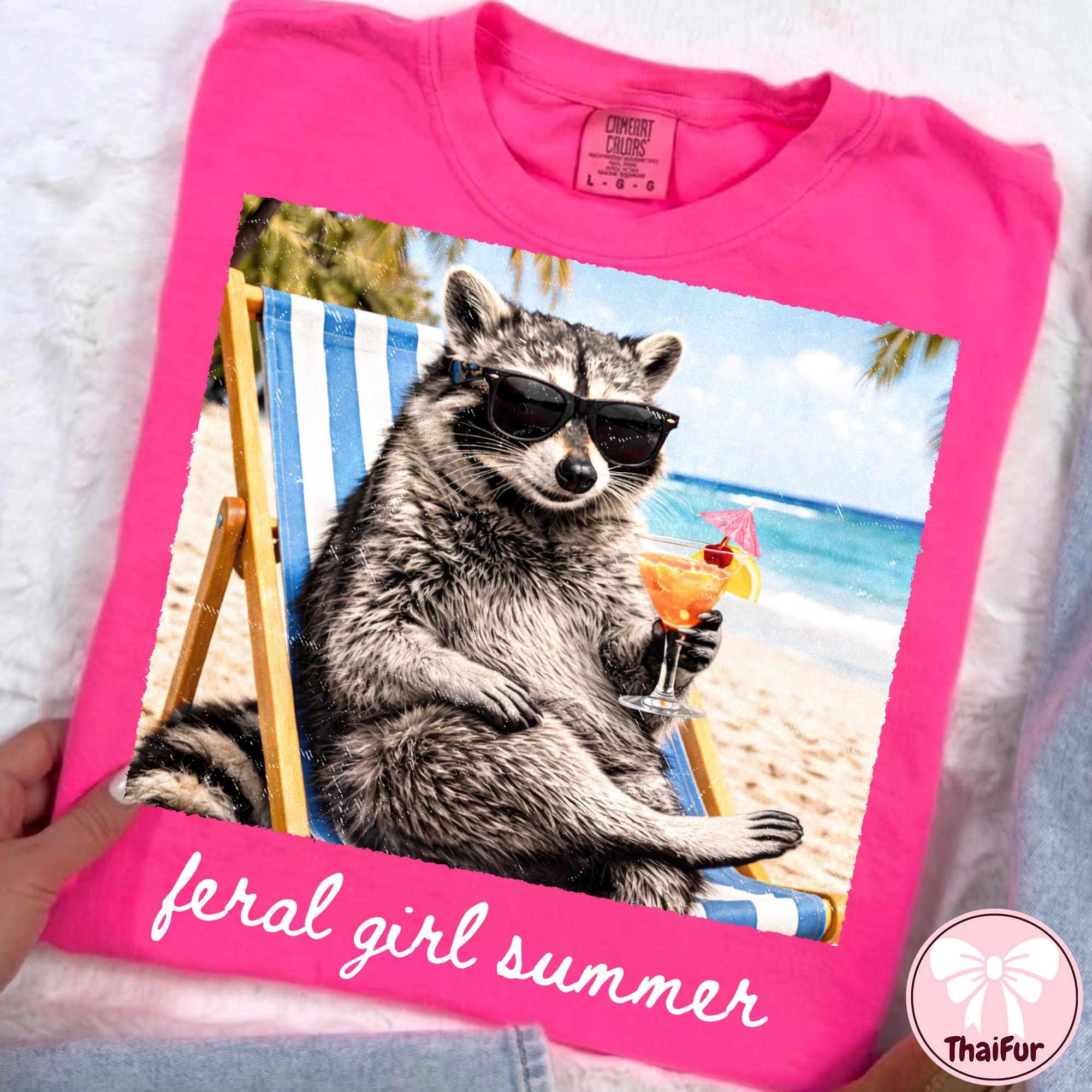 Feral Girl Summer Shirt Funny Raccoon Beach Graphic Tee Summer Vibes Gift