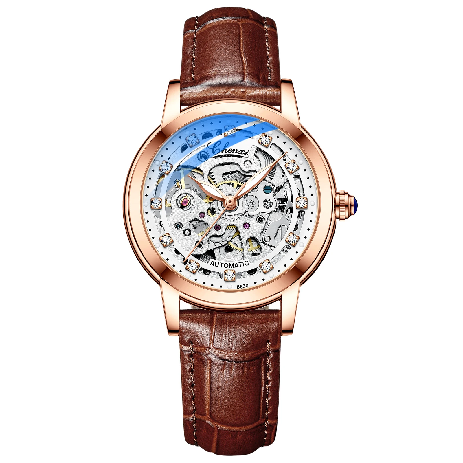 Luxury Women Automatic Mechanical Watch, Waterproof Stainless Steel, Ladies Skeleton Wrist Watch