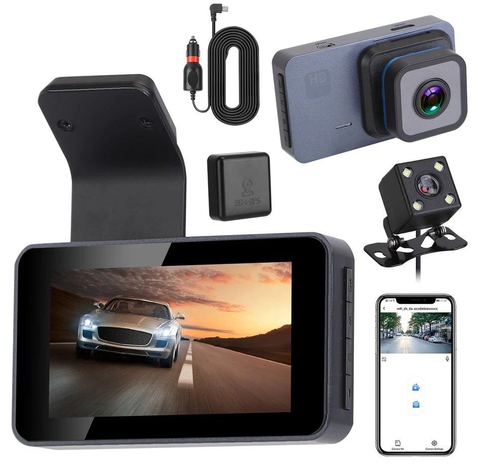 GPS WiFi Dual Lens Dash Cam, Car DVR Camera with Night Vision, Emergency Accident Lock, Parking Monitor