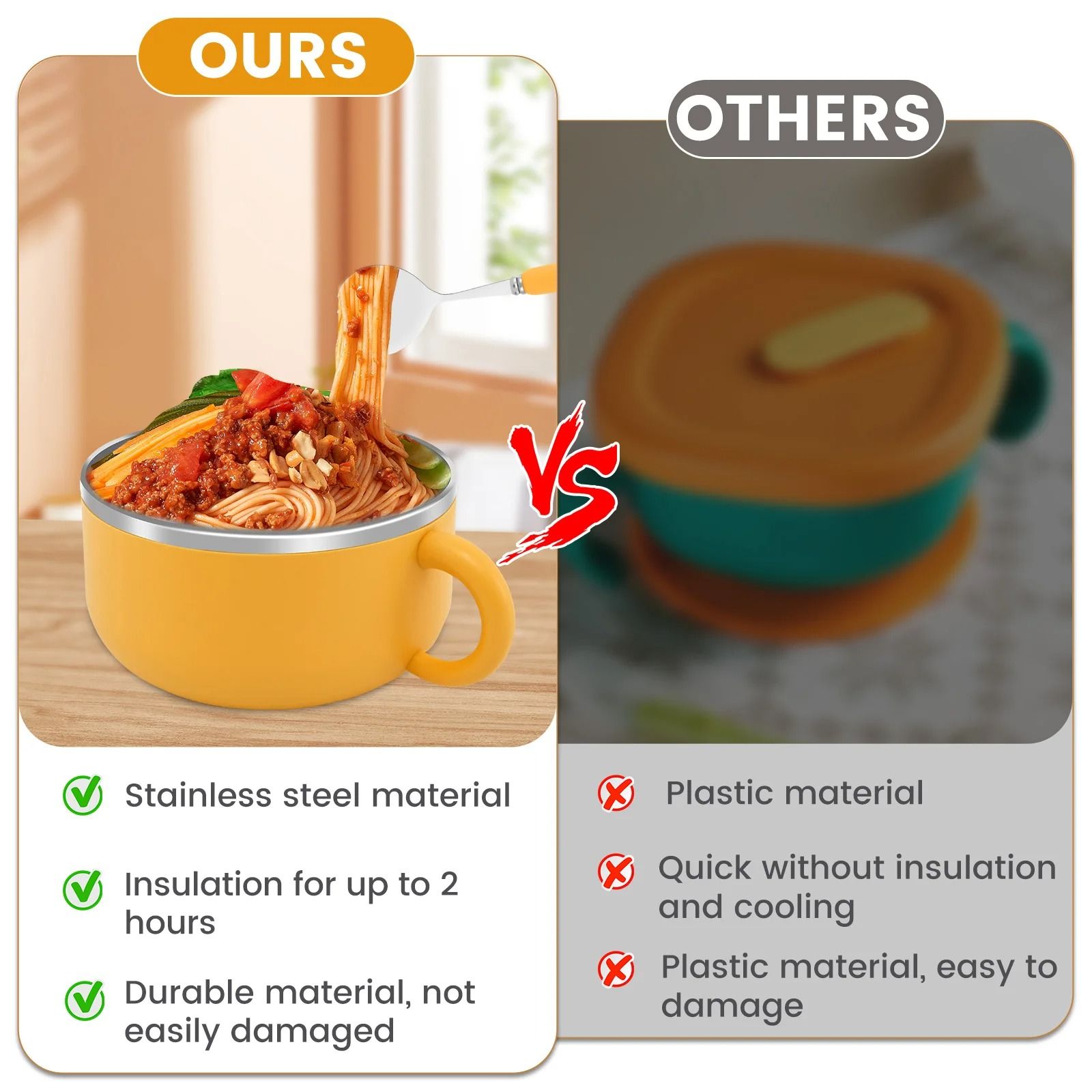 1200ml Insulated Stainless Steel Ramen Bowl with Lid