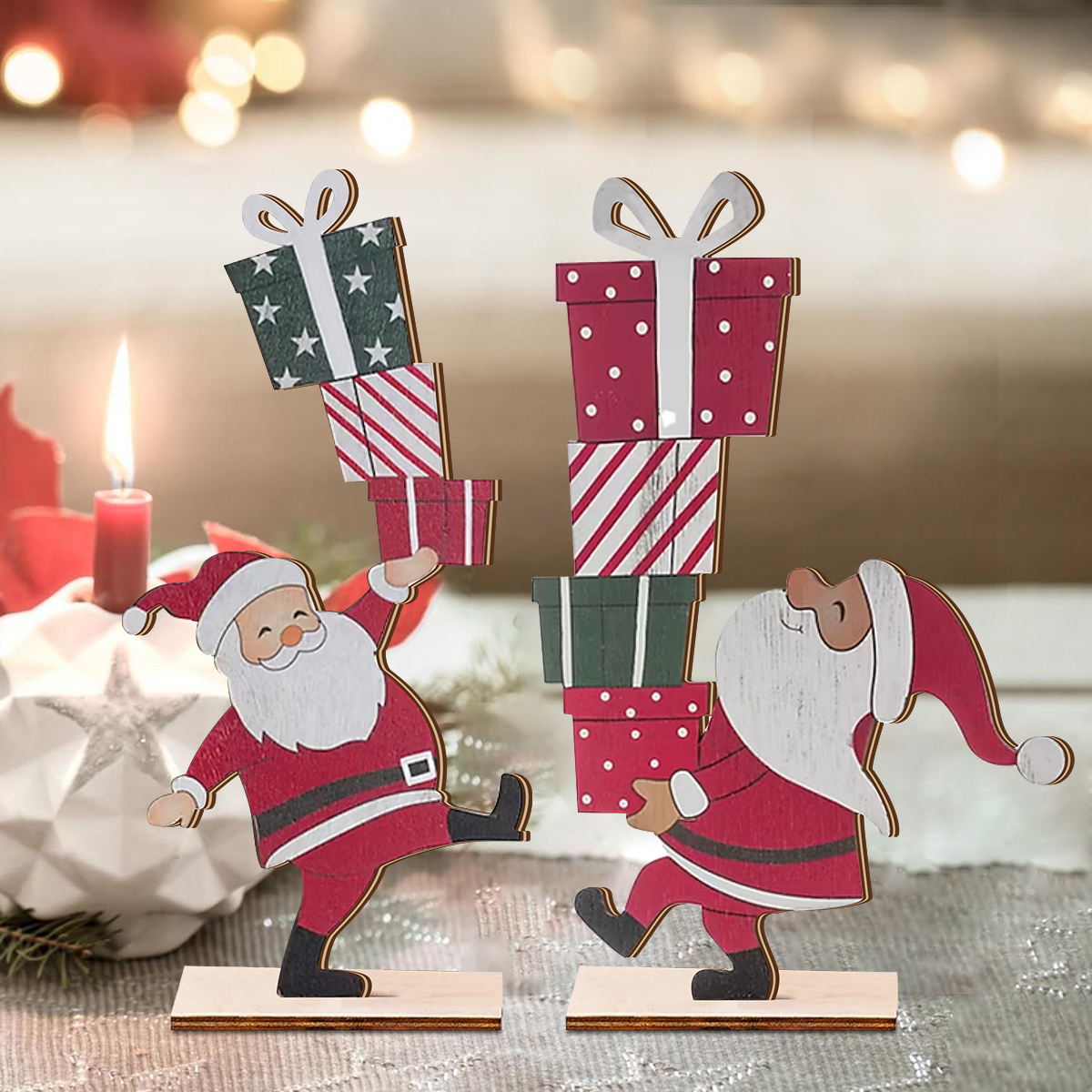 Wooden Christmas Santa Claus Ornaments, Stacking Gift Decor, Festive Holiday Home Decoration