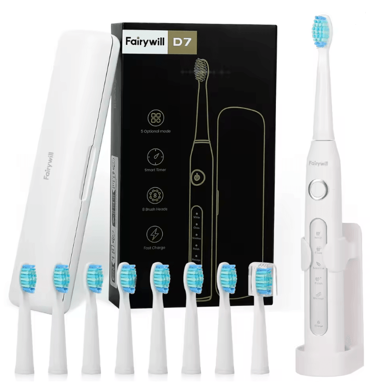 Fairywill FW507 Sonic Electric Toothbrush with 8 Brush Heads and Travel Case