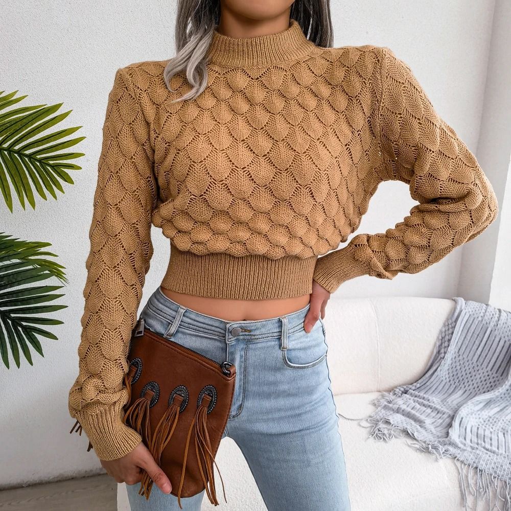 Trendy Womens Cropped Knit Sweater Hollow Out Long Sleeve Pullover Top