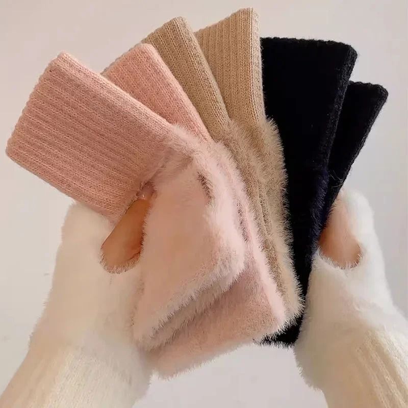 Soft Winter Half Finger Women Gloves Warm Plush Knitted Fingerless Mittens
