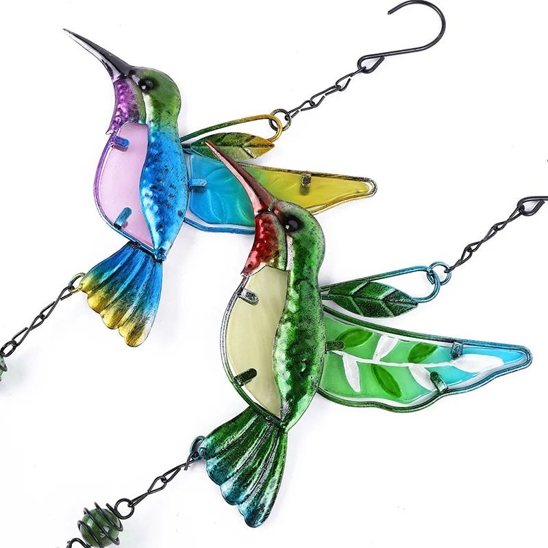 Hand-Painted Metal & Glass Wind Chime | Hummingbird & Dragonfly Courtyard Decor