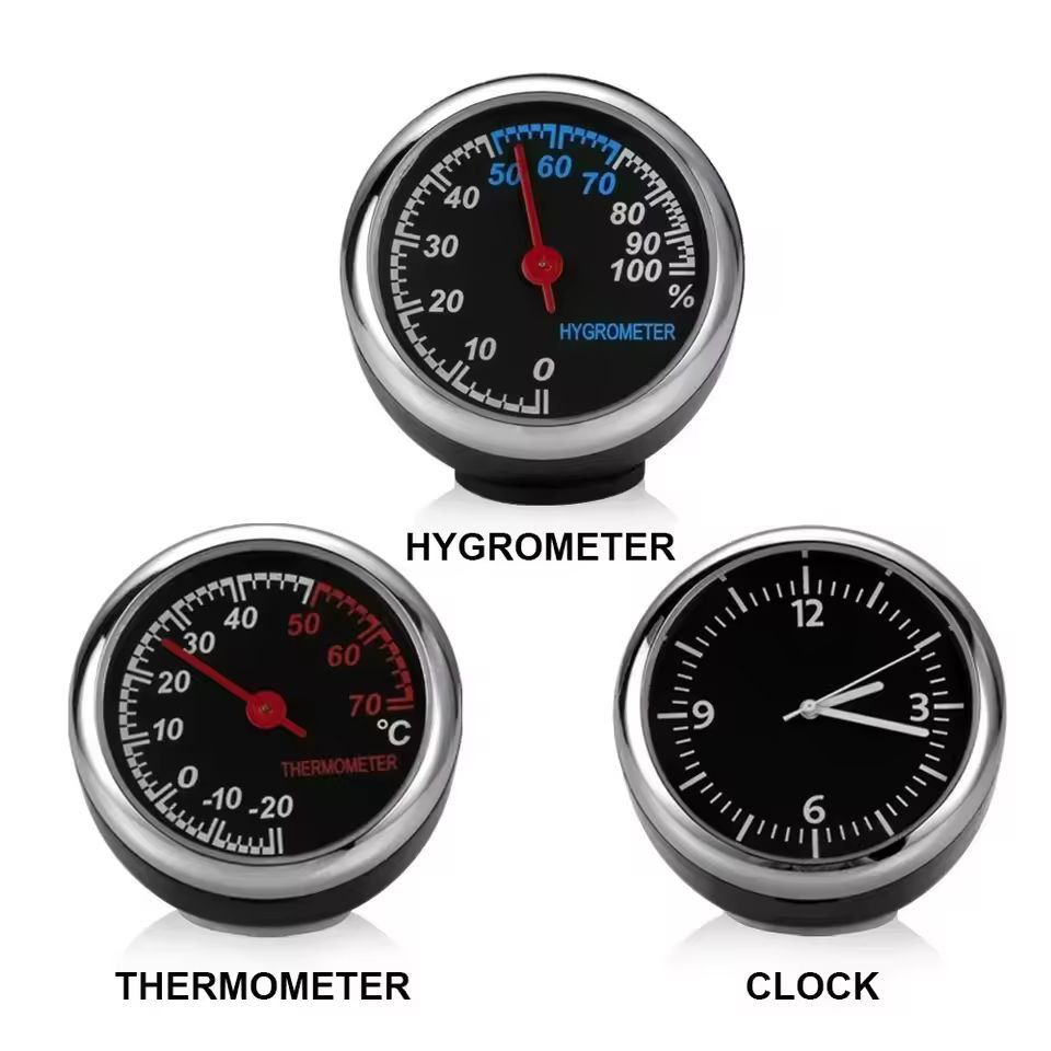 Compact Air-Vent Car Clock & Thermometer - Mini Quartz Clock and Hygrometer Gauge
