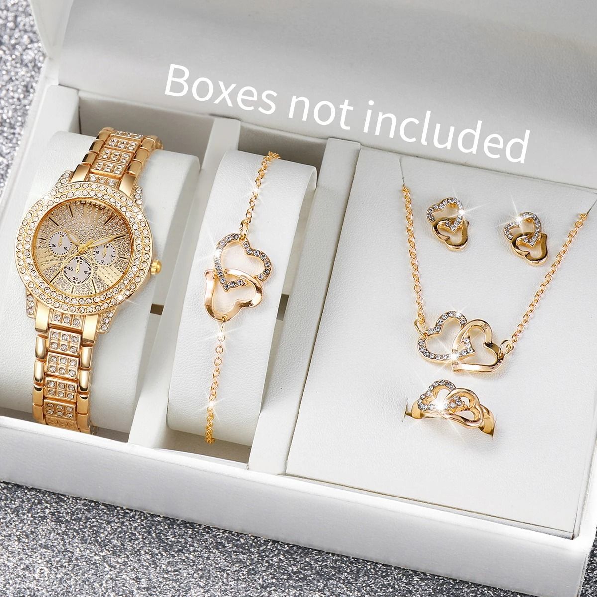 Luxury 6-Piece Full Diamond Watch & Heart Jewelry Set – Elegant Three-Eye Dial Timepiece and Matching Accessories for Wo