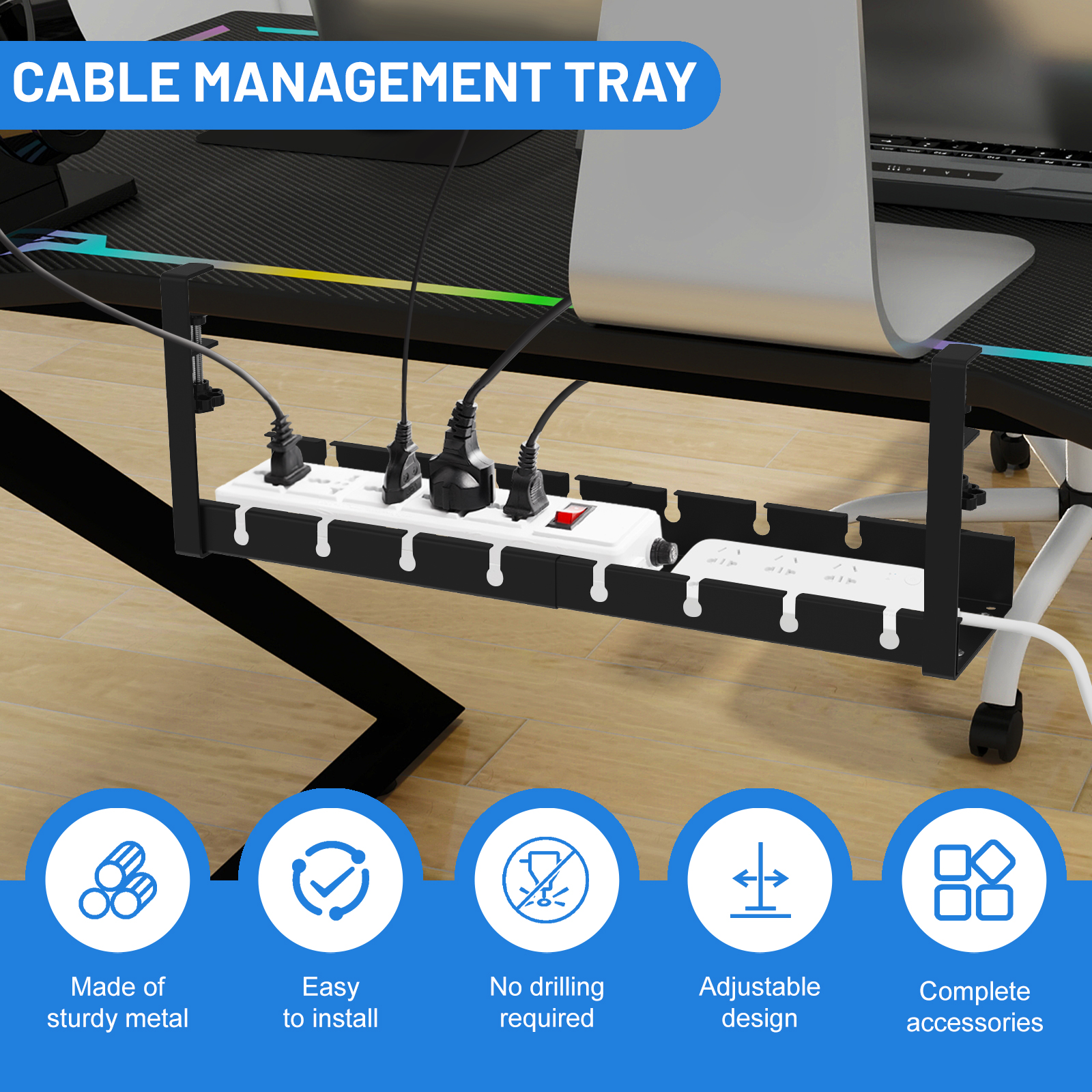 No Drilling Extendable Under Desk Cable Management Metal Tray Multipurpose Space Saving Organizer Shelf