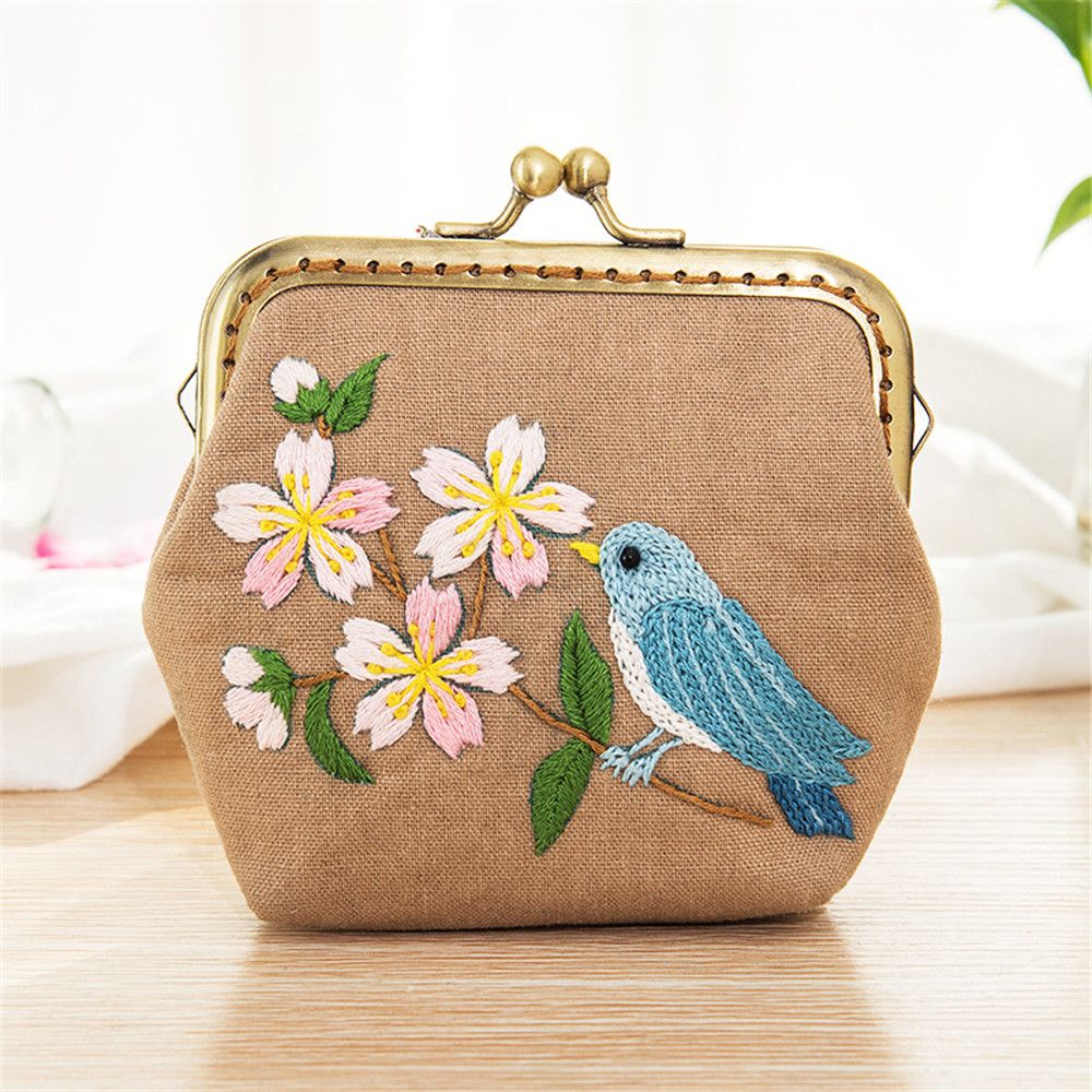 Flowers Bird Embroidered Coin Purse Wallet, Mobile Phone Bags Kit, Handmade DIY Clutch Bag