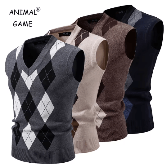 Mens Argyle Knit Vest V Neck Sleeveless Slim Fit Pullover Sweater
