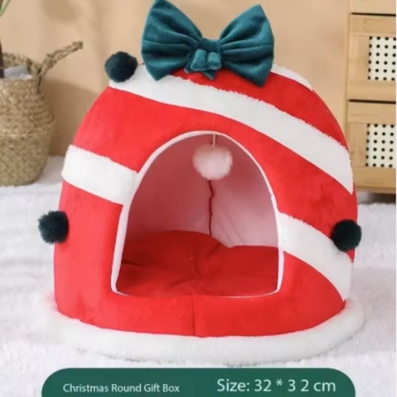 Christmas Pet Bed Cozy Winter Cat and Dog Sleeping House