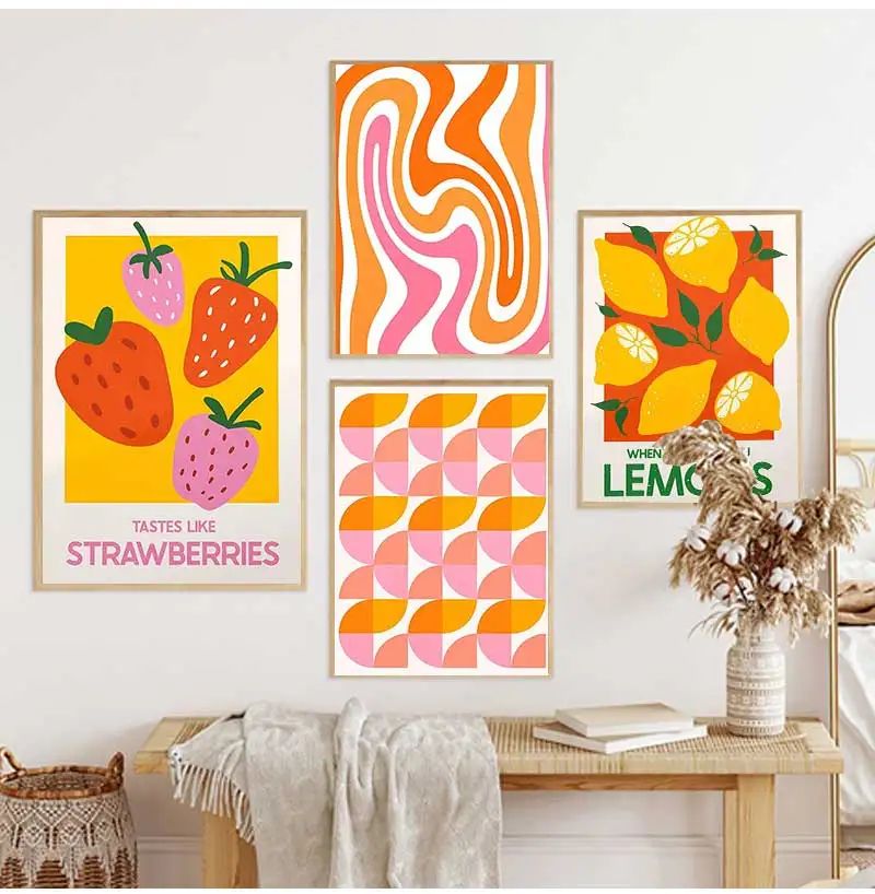 Retro Cocktail Canvas Wall Art Pink Strawberry Lemon Bar Poster