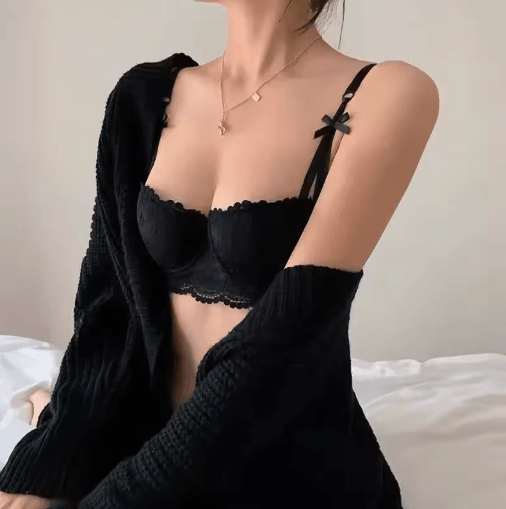 French Style Half Cup Push Up Lace Bra with Deep V Design