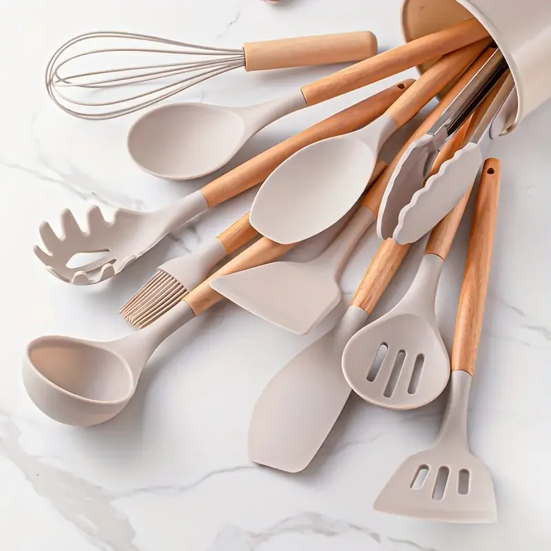 Multi Color Silicone Wooden Handle Cooking Utensils Set Non Stick Heat Resistant Pot Spatula & Spoon Kitchenware