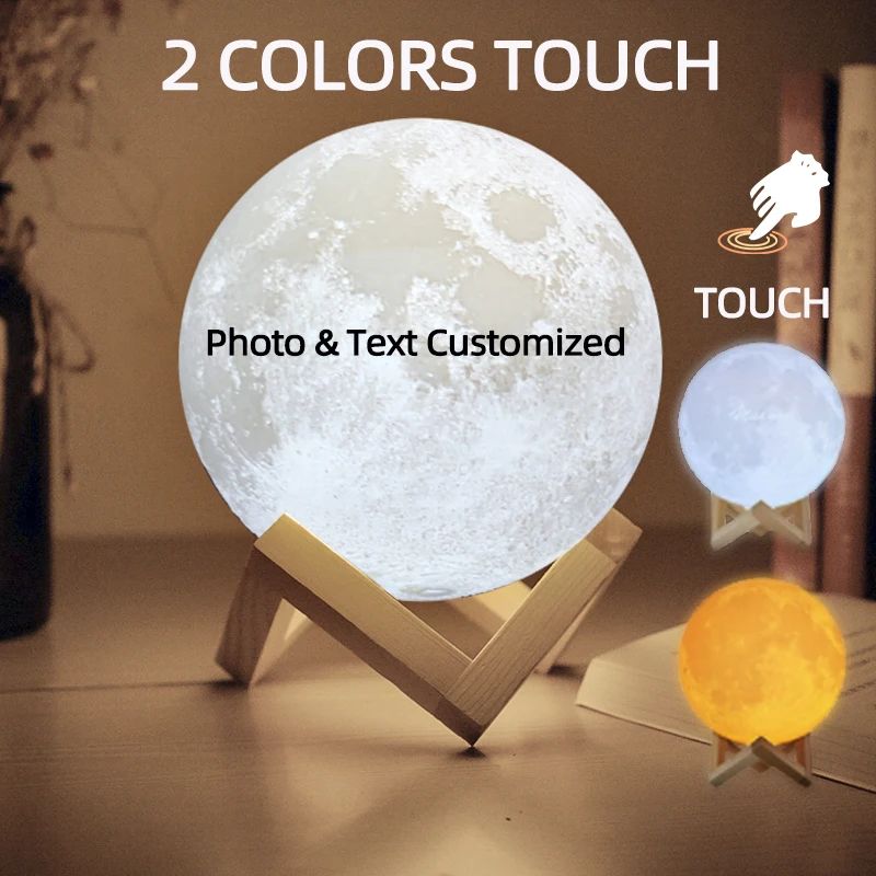 Personalized 3D Printed Moon Lamp with Photo & Text – Custom LED Lunar Night Light USB Rechargeable Gift