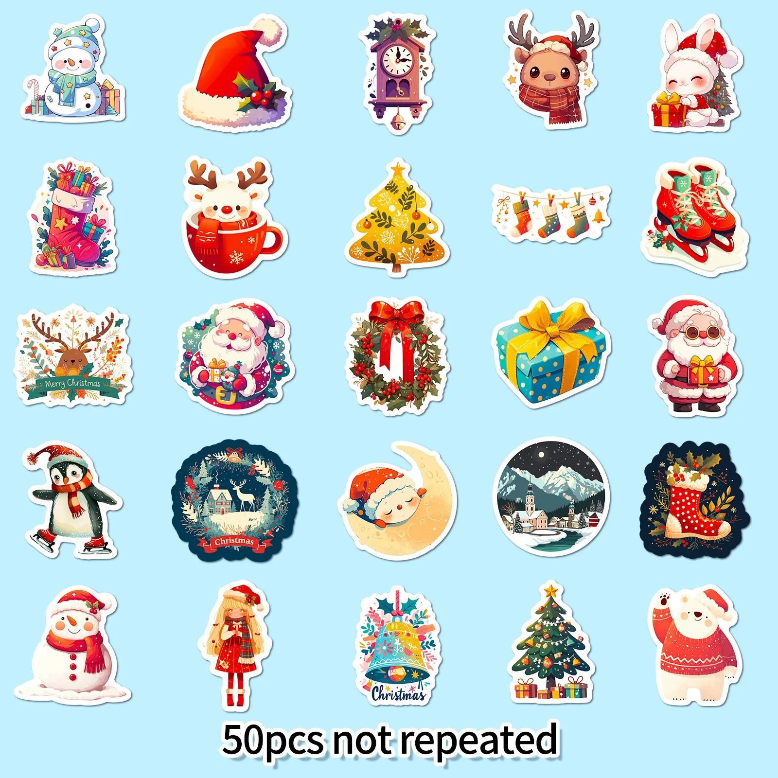 Cute Christmas and New Year Cartoon Stickers Pack 50pcs