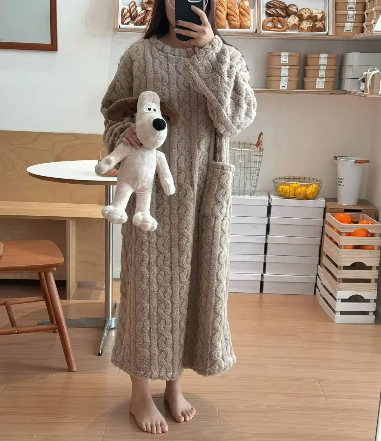 Cozy Haven Long Sleeve Flannel Nightgown with Double Pockets