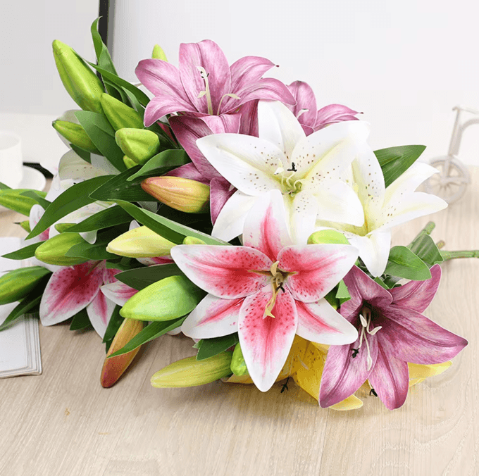 Realistic 3D Printed Artificial Lily Branch – Elegant White Faux Flowers for Home & Wedding Decor