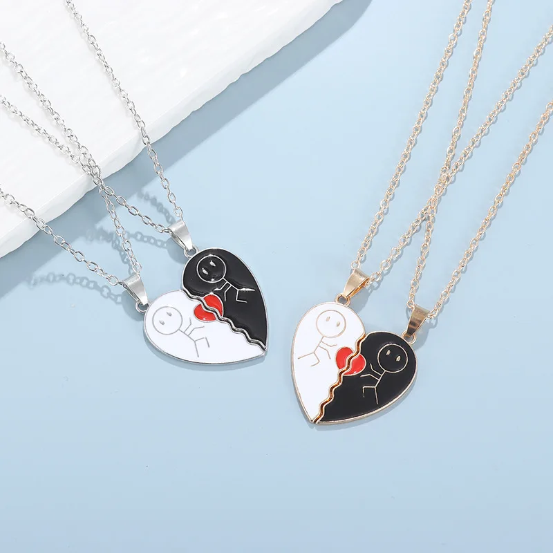 Couple Magnetic Necklace Stickman Heart Charm, Fashion Trendy Splicing Heart Pendant Jewelry Gift