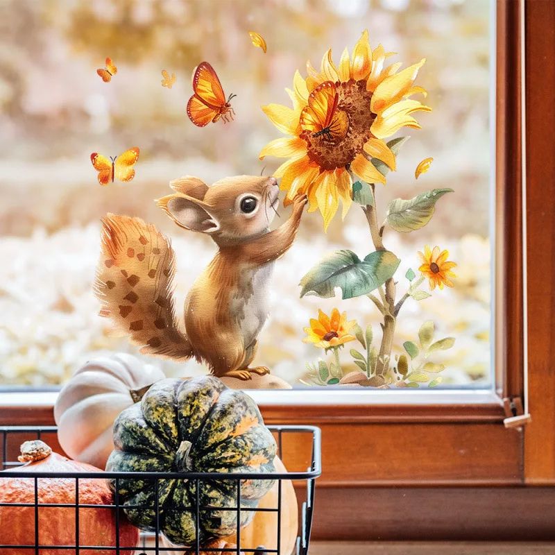 Rustic Squirrel Sunflower Window Wall Decal Watercolor Animal Decor