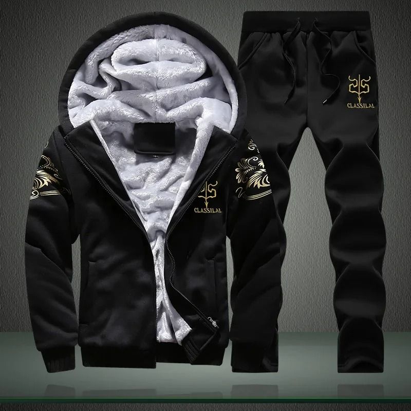 Men Hooded Fleece Sports Jacket and Pants Two Piece Set