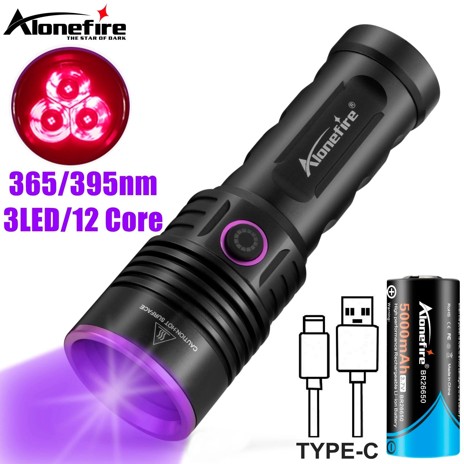 High Power UV Flashlight with Rechargeable Battery and Blacklight Detection