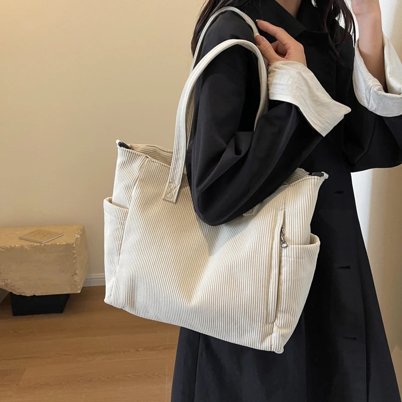 Stylish Striped Velvet Handbag Large Capacity Corduroy Shoulder Tote for Women